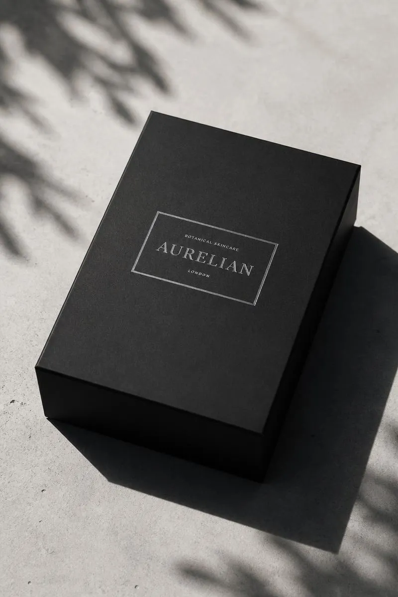 Matte black packaging with silver foil detailing