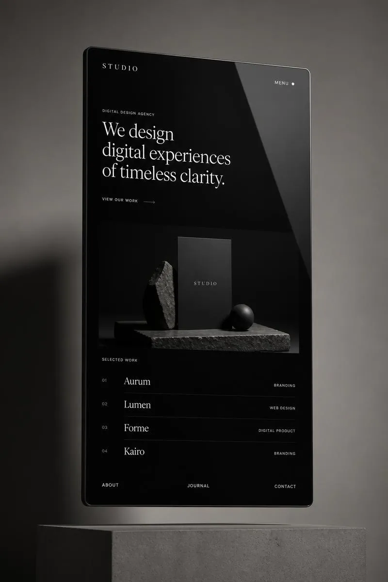 Minimal monochrome website interface mockup on a dark screen